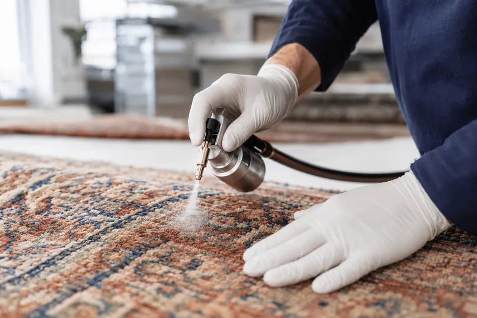 En medarbejder med hvide handsker sprøjter pletrens på et orientalsk tæppe